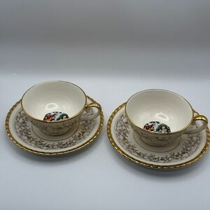 Atlas China 22K Gold Tea Cup Saucer Set Fragonard Courting Couple‎ Vintage 2pc